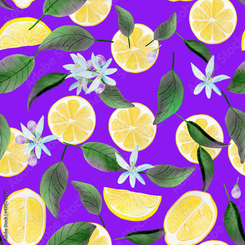 Lemon slices watercolor seamless pattern. Pieces of yellow citrus with leaves and flowers on a purple background. For textiles and wallpapers. Wrapping paper and fresh summer background.