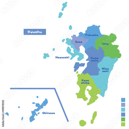 日本の地域図・日本地図 九州地方 雨の日カラーで色分けしてみた（英語版）