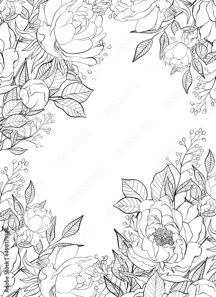 Fototapeta premium Floral frame. Greeting card design. Composition from botanical elements. Flowers and leaves in line art style.