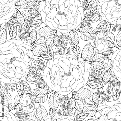 Line art flowers seamless pattern. Composition of botanical elements for fabric, wallpapper and surface design.