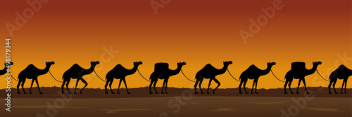 Camels caravan travelling through desert on sunset seamless vector illustration