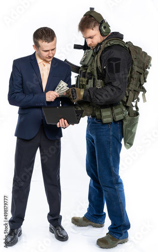 businessman and soldier make a deal, work together, hired soldier. military operation. isolated white background
