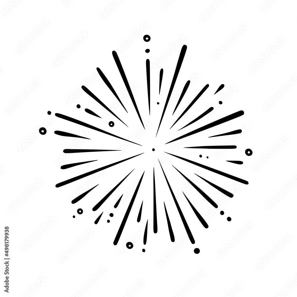 Doodle radial firework. Shiny forework with beams for parties and celebrations. Vector illustration isolated in white background Doodle radial firework. Shiny forework with beams for parties and celebrations. Vector illustration isolated in white background