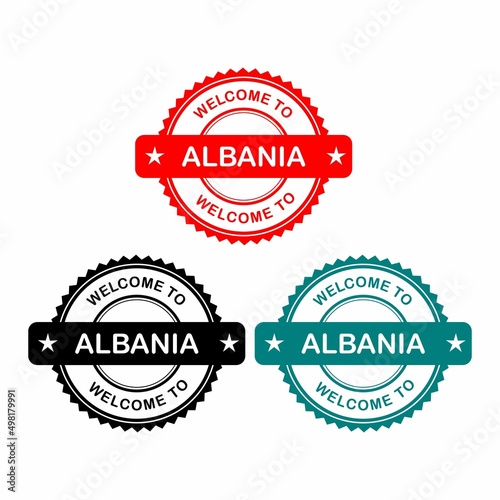 Welcome to Albania vector logos in black and blue, featuring a star and welcoming text.