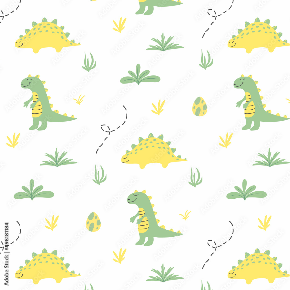 Obraz premium Childish seamless pattern with dinosaurs. Hand drawn illustration with cute green and yellow dinosaurs. vector illustration.