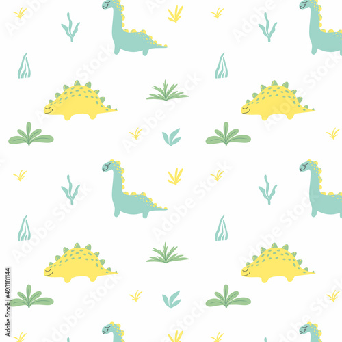 Childish seamless pattern with dinosaurs. Hand-drawn pattern with cute dino. Vector illustration. The pattern is suitable for fabrics  wrapping paper and prints.