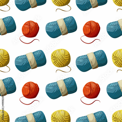 Knitting. Vector seamless pattern on a white background. Bright yarn, design.