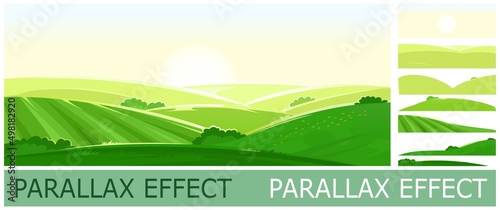 Sunny rural landscape. Image from layers for overlay with parallax effect. Green grassy hills, farm fields, meadows and pastures. Bright summer sun, controside panorama. Vector