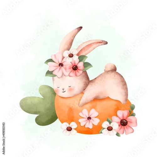 Watercolor Illustration Sleeping Rabbit and carrot in the garden2  photo