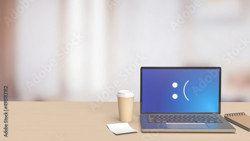 The laptop on wood table showing  blue screen error   3d rendering