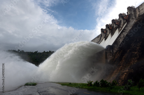 Overview of open the drainage through the dam spillway after full water to River Outlet, Roller Compacted Concrete Structure, RCC Dam, Dam Safety and control for Flood watch out