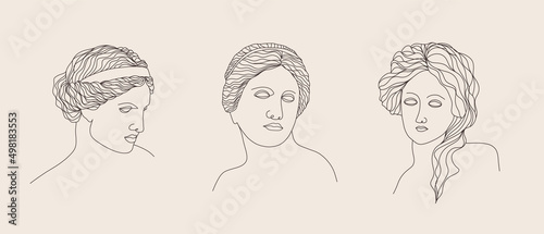 Ancient greek sculpture. Set of linear goddesses antique statues. Trendy vector illustration in one line drawing style. Hand drawn outline female silhouettes.