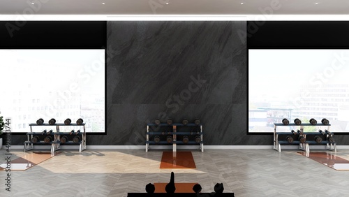 gym wall logo mockup in the athlete fitness or gym room with a black wall