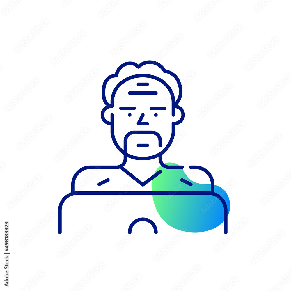 Middle-aged man working at a laptop. Older Internet user. Pixel perfect, editable stroke line art icon