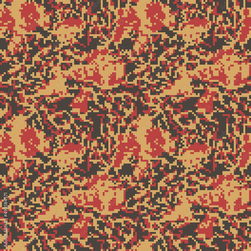 Digital pixel explosion camo, seamless pattern for your design. Red and orange coloring camouflage, modern fabric print. Abstract repeating wallpapers. Vector texture Digital pixel explosion camo, seamless pattern for your design. Red and orange coloring camouflage, modern fabric print. Abstract repeating wallpapers. Vector texture