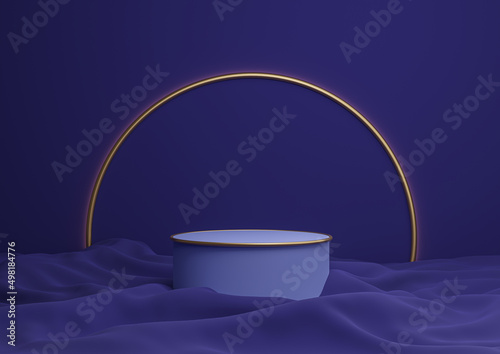 Dark blue 3D rendering luxurious product display podium or stand minimal composition with golden arch line in background and light