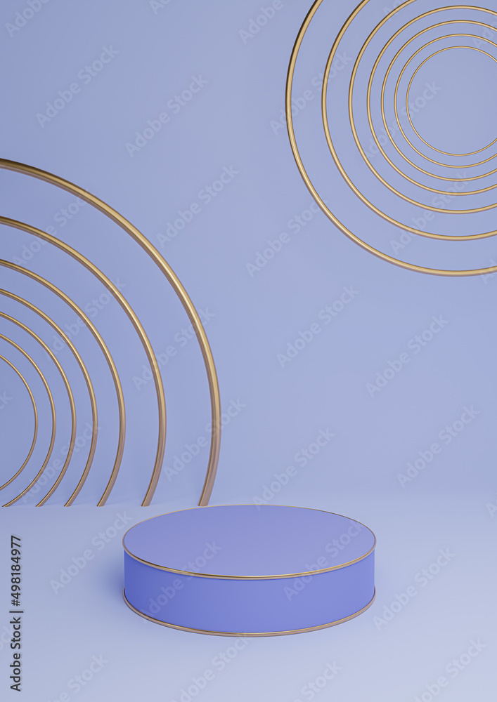 Obraz premium Light, pastel blue 3D rendering minimal product display luxury cylinder podium or product background abstract composition with golden lines and circles