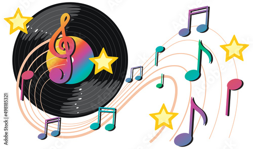 Music notes rainbow colourful with vinyl record on white background
