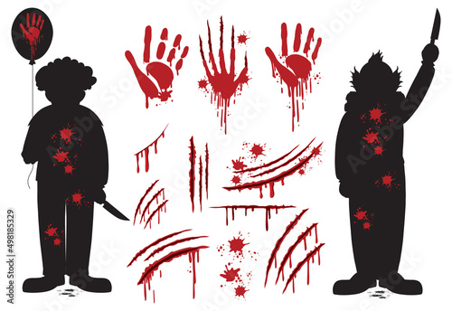 Set of silhouette creepy clown characters and elements