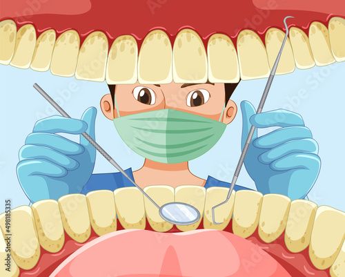 Dentist holding instruments examining patient teeth inside human mouth