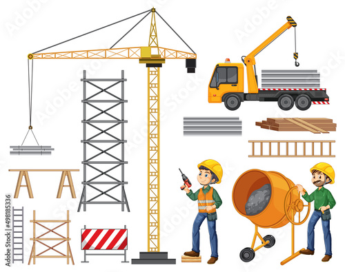Set of construction site objects and workers.