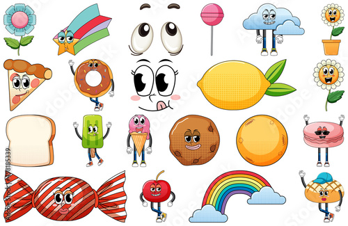 Set of facial expression with vintage style food cartoon on white background