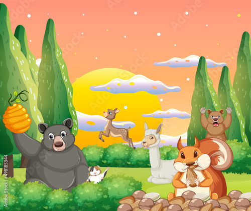 Forest scene with different kinds of animals