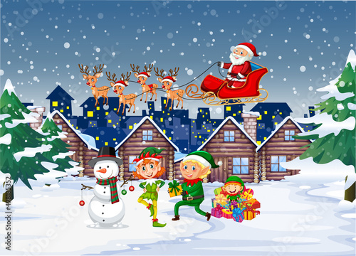 Snowy night scene with Christmas cartoon characters