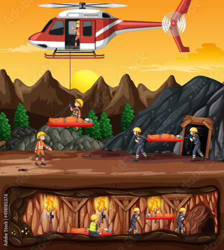 Underground scene with firerman rescue in cartoon style