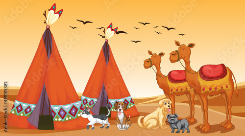Set of different domestic animals in desert