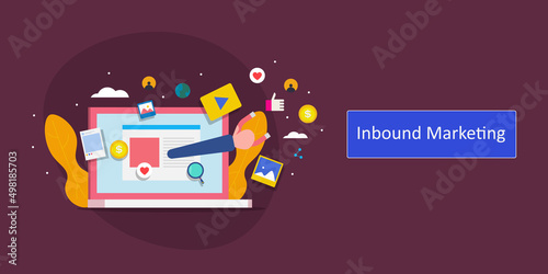 Inbound marketing - digital marketing mix, social media, seo optimization, email and video promotion, online branding concept, flat design web banner template.