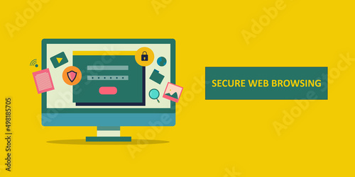 Flat design concept of secure web browsing, safely browse internet, personal privacy, cyber security concept. Web banner template.