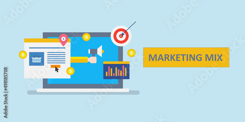 Digital marketing mix - online business promotion, internet communication technology, flat design web banner template.