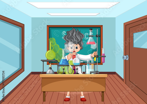 Classroom scene with scientist doing experiment
