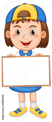 Happy girl holding blank whiteboard