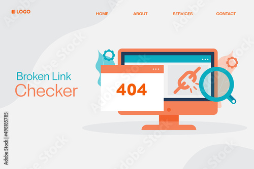 Broken link checker - 404 page fixing, SEO optimization concept. Flat design web banner template.