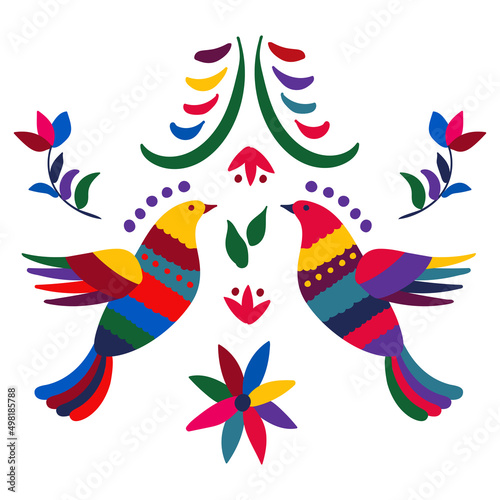Hand drawn birds with flowers and plants. White background, isolate. flat style. vector illustration.
