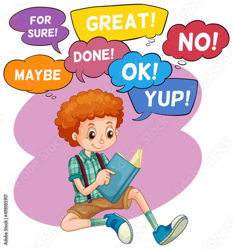 Speech bubbles with boy reading book