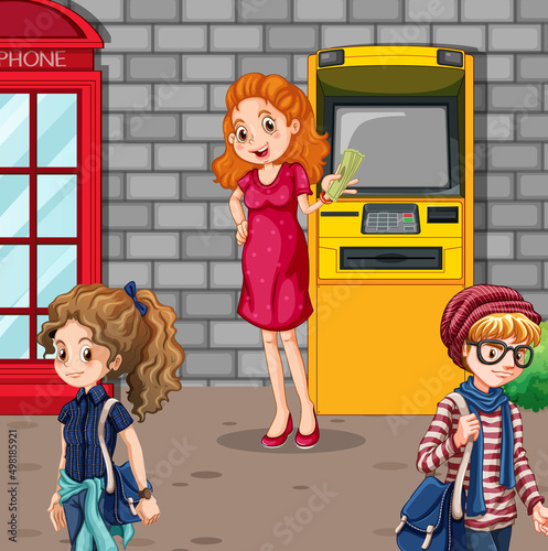 ATM machine street scene with people