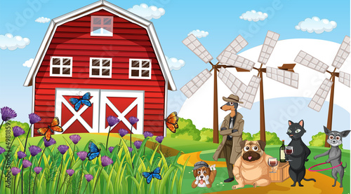 Set of different domestic animals in farm