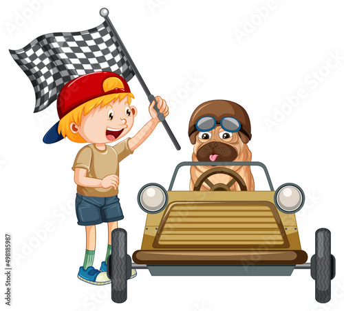 A pug dog racing car and a boy holding flag