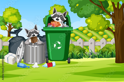 Raccoons eating food from the trash
