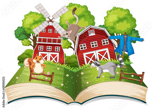 Opened fantasy book with cute animals