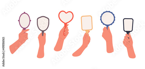 Set diverse hands holding differently shaped mirrors.Cartoon illustration