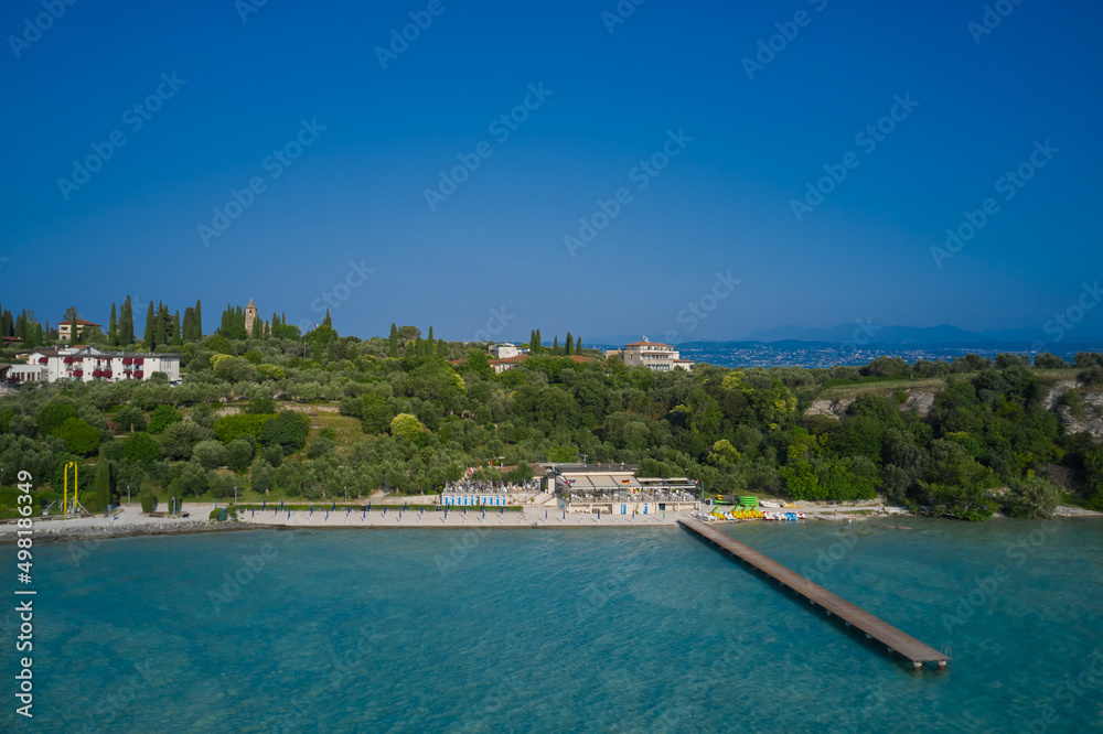 Panoramic aerial view of Lido delle Bionde beach, Sirmione, Lake Garda, Italy