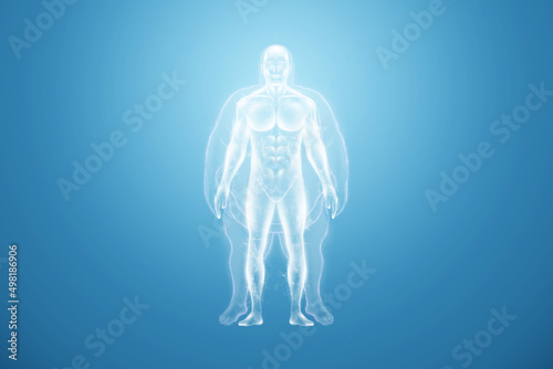 White horogram of a fat man on a blue background isolate. The concept of obesity, overweight, health problems, diet, diabetes. Copy space, 3D render, 3D illustration.