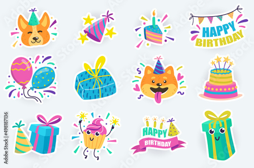 Birthday party cute stickers set in flat cartoon design. Bundle of holiday cake, gifts, funny dogs in festive hats, balloons, garlands and others. Vector illustration for planner or organizer template