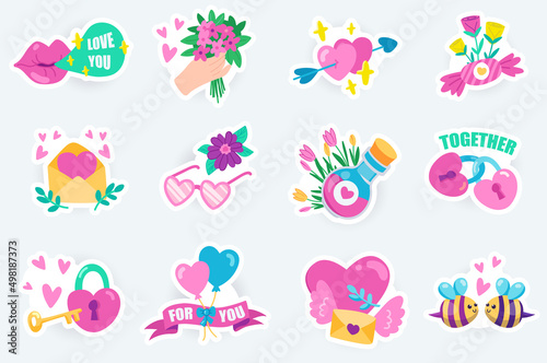 Love and romantic cute stickers set in flat cartoon design. Bundle of kissing lips, flower bouquet, hearts, love letter, pink glasses and other. Vector illustration for planner or organizer template