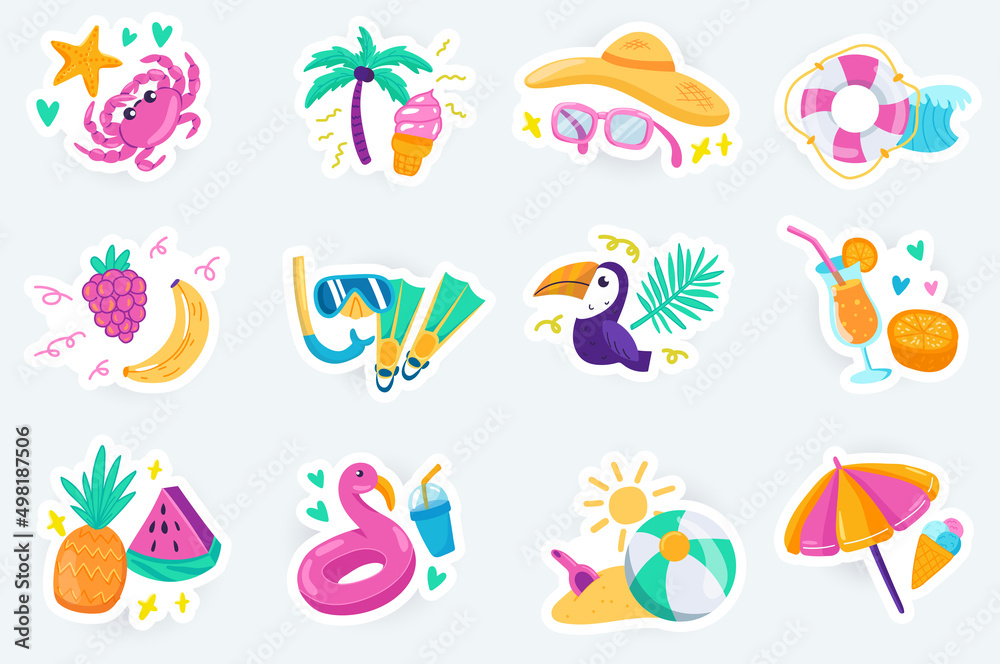 Summer cute stickers set in flat cartoon design. Bundle of crab, palms, ice cream, sunglasses, hat, lifebuoy, fruits, diving equipment and other. Vector illustration for planner or organizer template