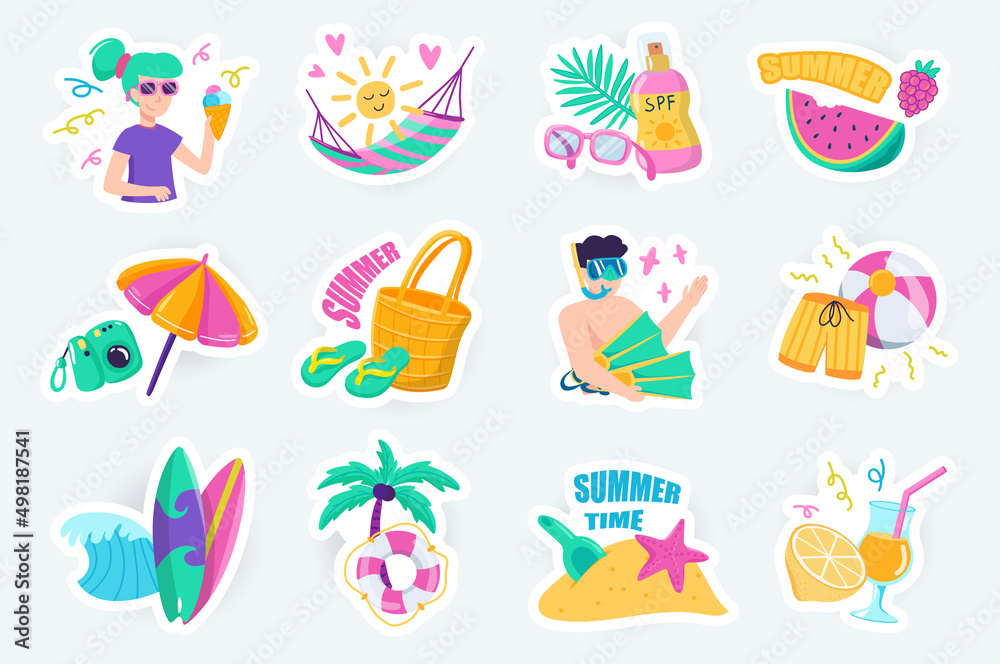 Summer time cute stickers set in flat cartoon design. Bundle of woman with ice cream, hammock, watermelon, umbrella, surfing, diving and other. Vector illustration for planner or organizer template